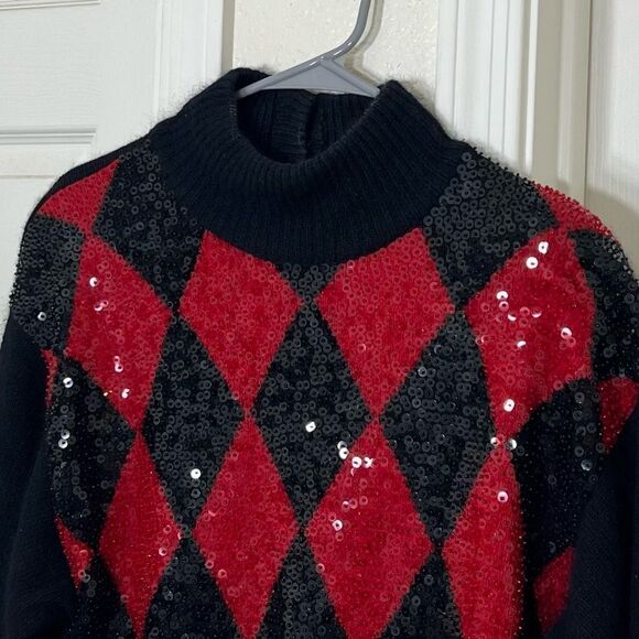 Vintage 90’s Sweater Black Red Argyle Sequin Wool Angora Silk Turtle Neck Size M - Picture 4 of 15